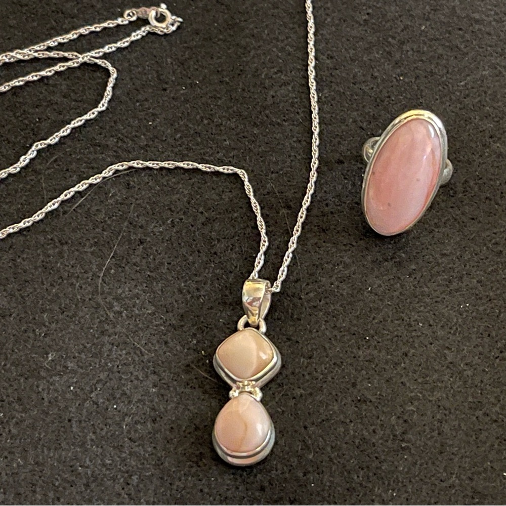 Pink Opal 925 1-1/2” Pendant, 22” Chain, and 925 Ring Size 6